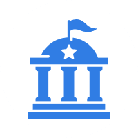Blue and white government building icon.