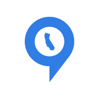 Blue map pin with California silhouette inside.
