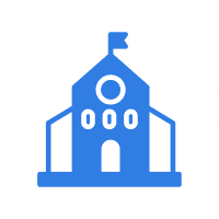 Blue school building icon with flag.