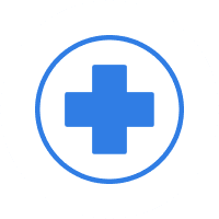 Blue medical cross icon on white circle.