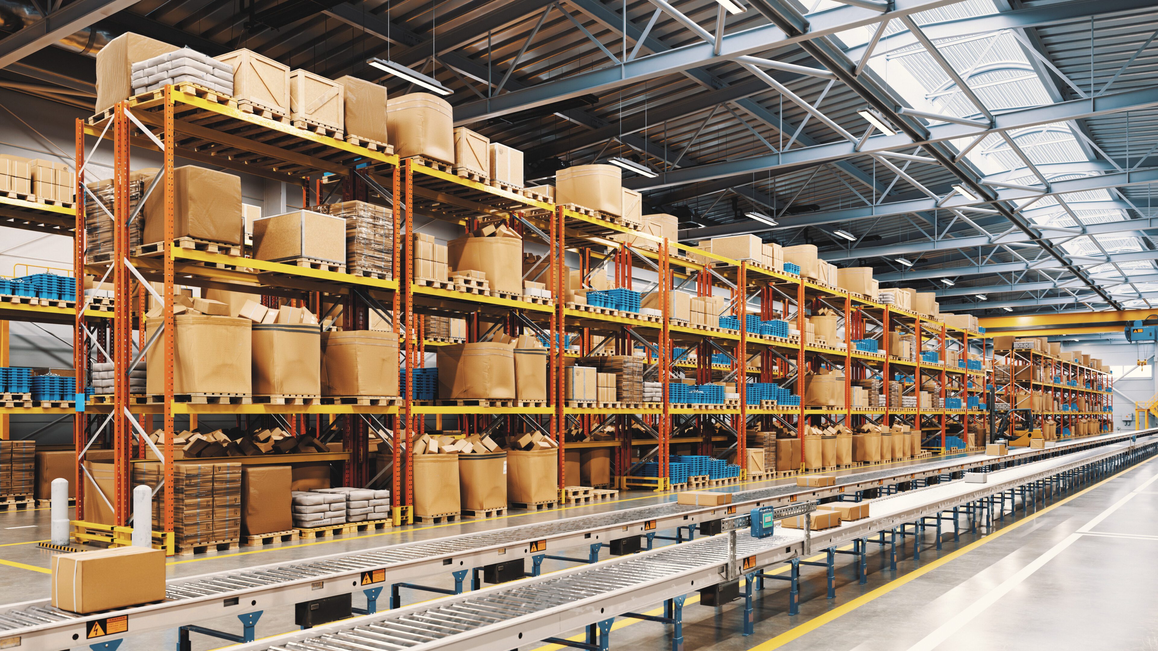 Warehouse shelves stocked with various boxes.