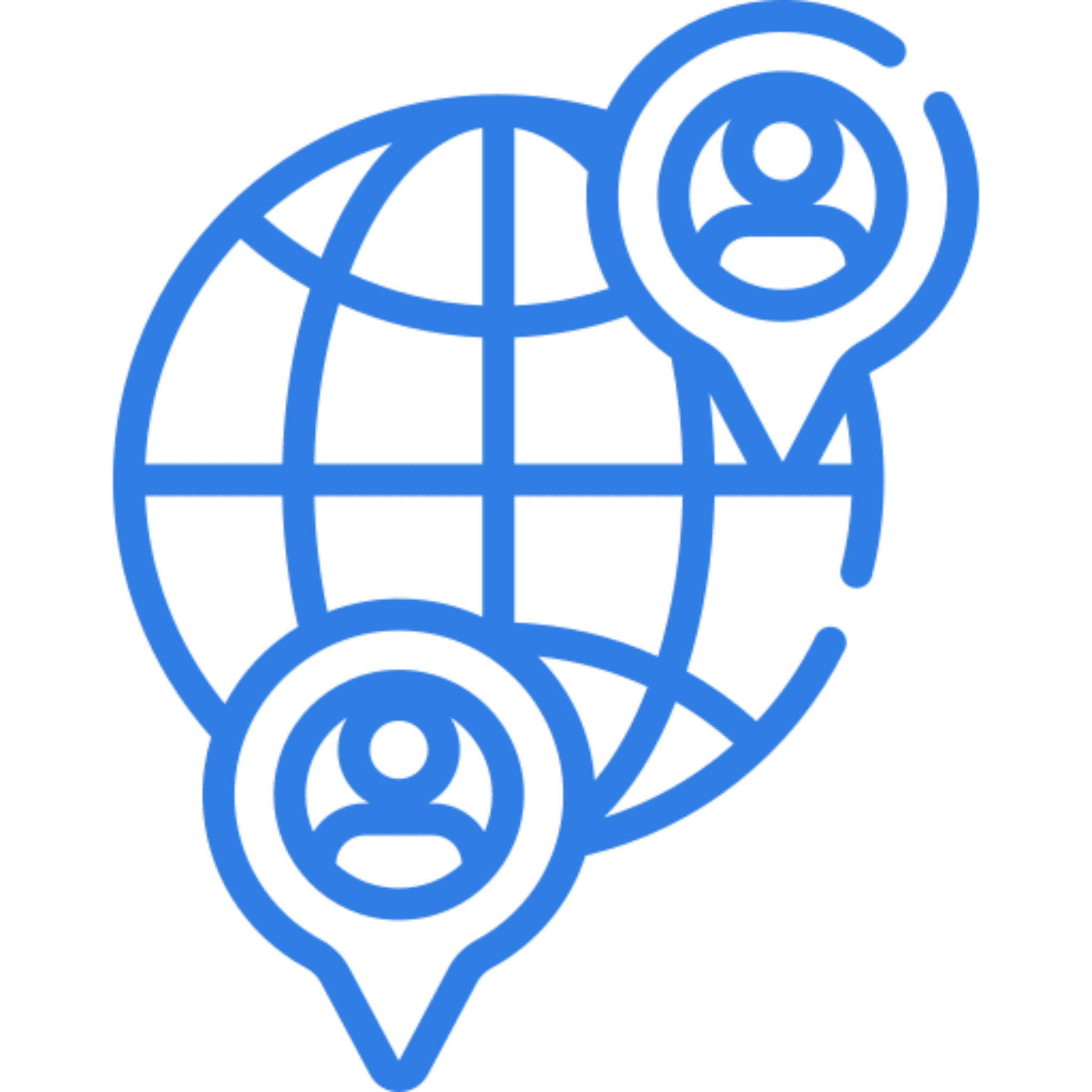 Globe with person location icons, blue outline.