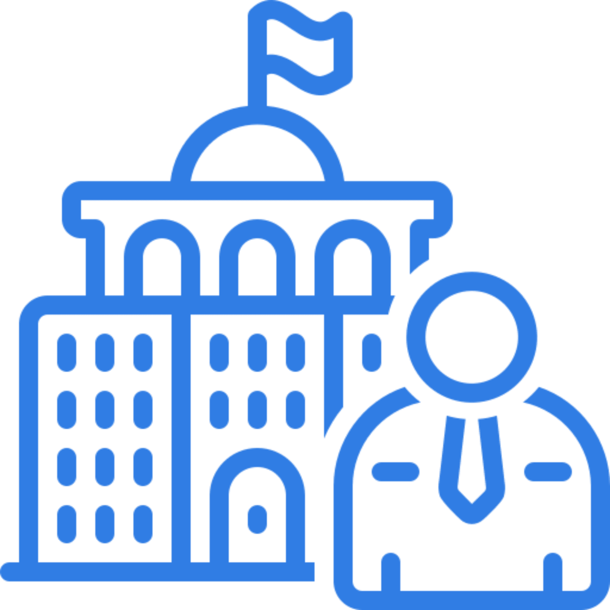 Government building icon with person silhouette.