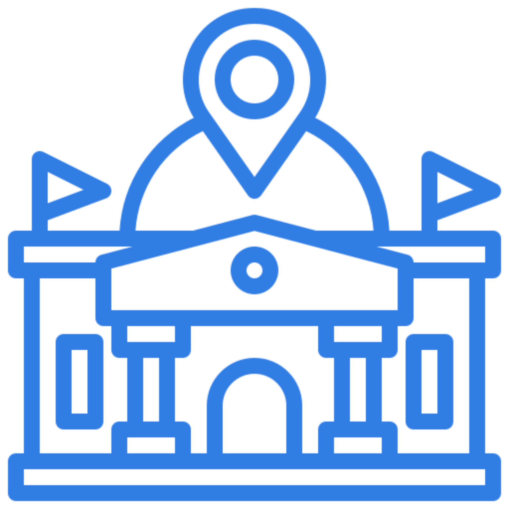 Blue line art of a building icon.
