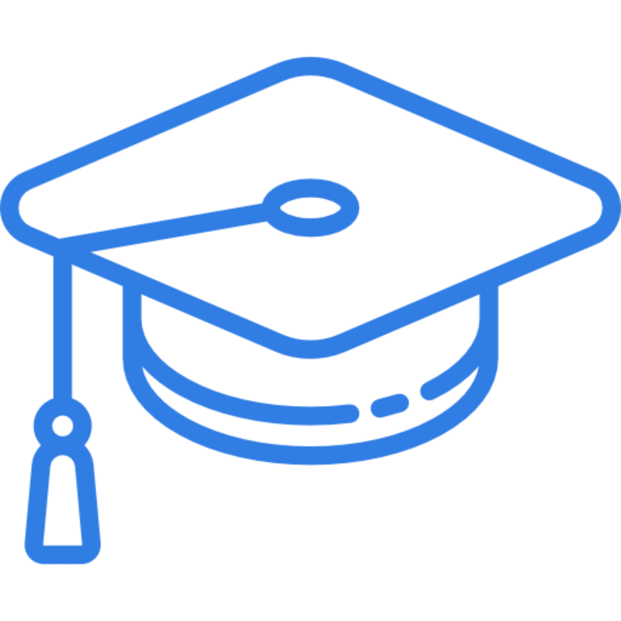 Blue graduation cap icon on black background.