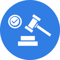 Gavel and checkmark symbol on blue circle.