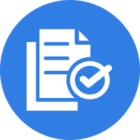 Document icon with a checkmark on blue background.