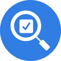 Magnifying glass with checkmark on blue circle.
